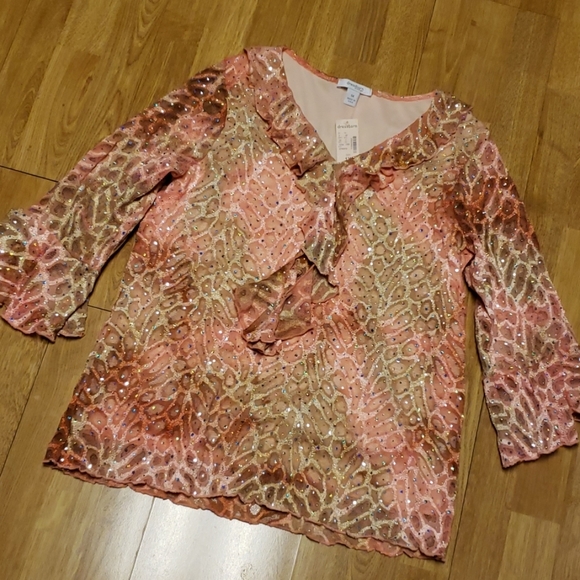 NWT 1X peach tan sparkle ruffle lace top - Picture 1 of 3